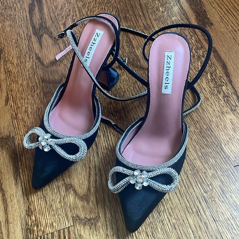 Black satin strappy heels